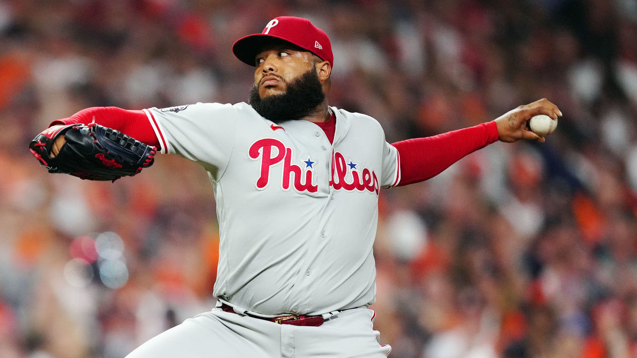 HOUSTON, TX - NOVEMBER 05: José Alvarado #46 of the Philadelphia Phillies pitches in the sixth inning during Game 6 of the 2022 World Series between the Philadelphia Phillies and the Houston Astros at Minute Maid Park on Saturday, November 5, 2022 in Houston, Texas.