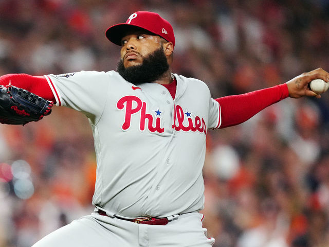 HOUSTON, TX - NOVEMBER 05: José Alvarado #46 of the Philadelphia Phillies pitches in the sixth inning during Game 6 of the 2022 World Series between the Philadelphia Phillies and the Houston Astros at Minute Maid Park on Saturday, November 5, 2022 in Houston, Texas.