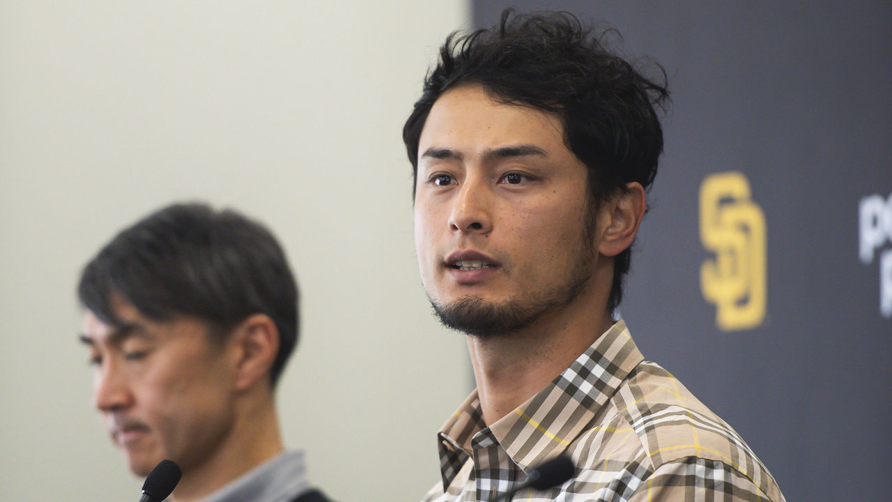 SAN DIEGO, CA - FEBRUARY 10: Yu Darvish #11 of the San Diego Padres addresses the media at his contract extension press conference at PETCO Park on February 10, 2023 in San Diego, California.