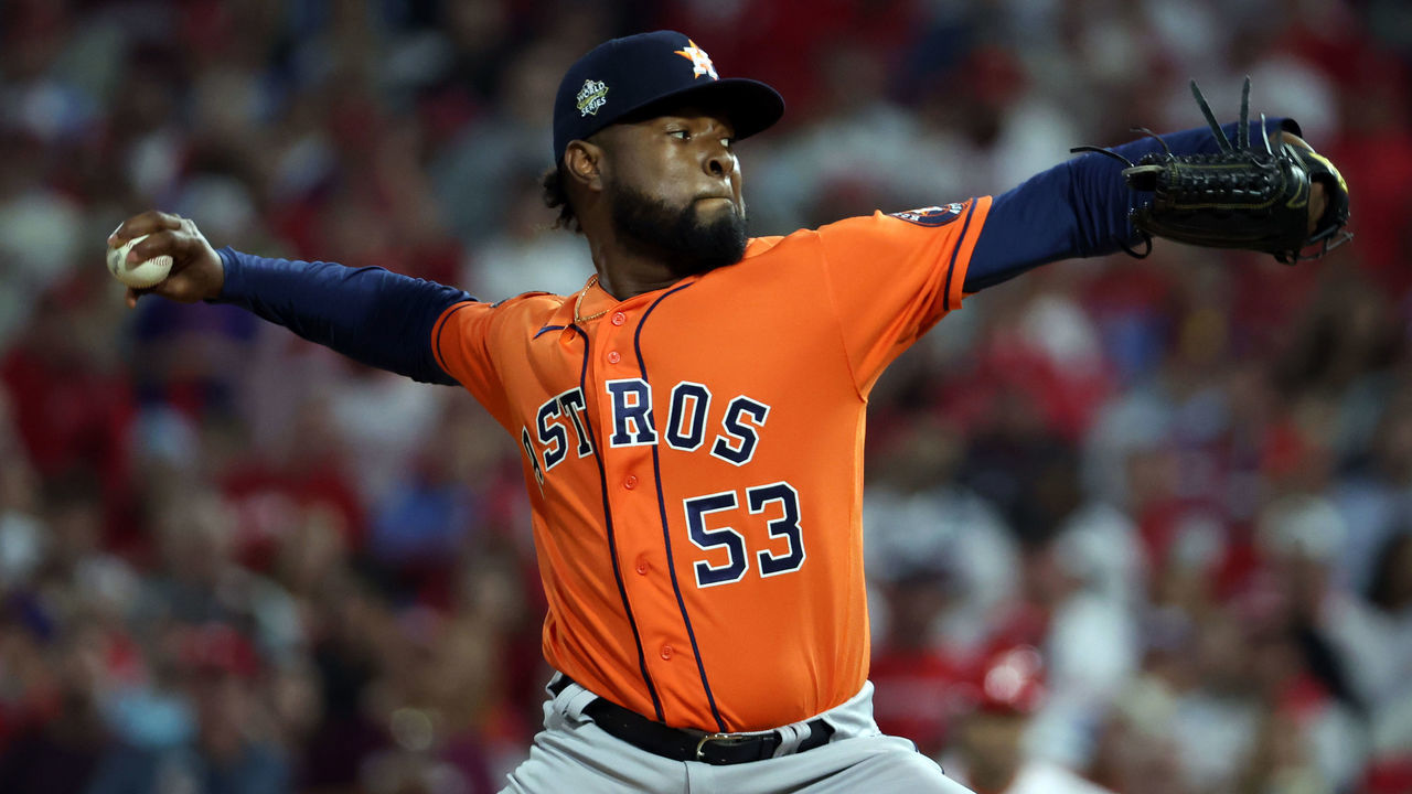 PHILADELPHIA, PENNSYLVANIA - NOVEMBER 02: Cristian Javier #53 of the Houston Astros delivers a pitch against the Philadelphia Phillies during the first inning in Game Four of the 2022 World Series at Citizens Bank Park on November 02, 2022 in Philadelphia, Pennsylvania.
