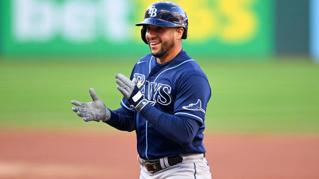 CLEVELAND, OH - SEPTEMBER 29: David Peralta #6 of the Tampa Bay Rays celebrates hitting an RBI single during the first inning against the Cleveland Guardians at Progressive Field on September 29, 2022 in Cleveland, Ohio.