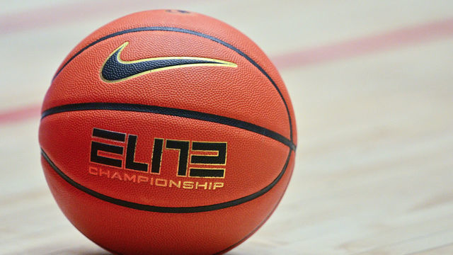 ALBUQUERQUE, NEW MEXICO - JANUARY 25: A basketball with a Nike logo lies on the court during a timeout in the second half of a game between the Fresno State Bulldogs and the New Mexico Lobos at The Pit on January 25, 2022 in Albuquerque, New Mexico. The Bulldogs defeated the Lobos 65-60.
