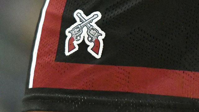 BUFFALO, NEW YORK - MARCH 17: The New Mexico State Aggies logo on pair of shorts during the first round game of the 2022 NCAA Men's Basketball Tournament against the Connecticut Huskies at KeyBank Center on March 17, 2022 in Buffalo, New York.
