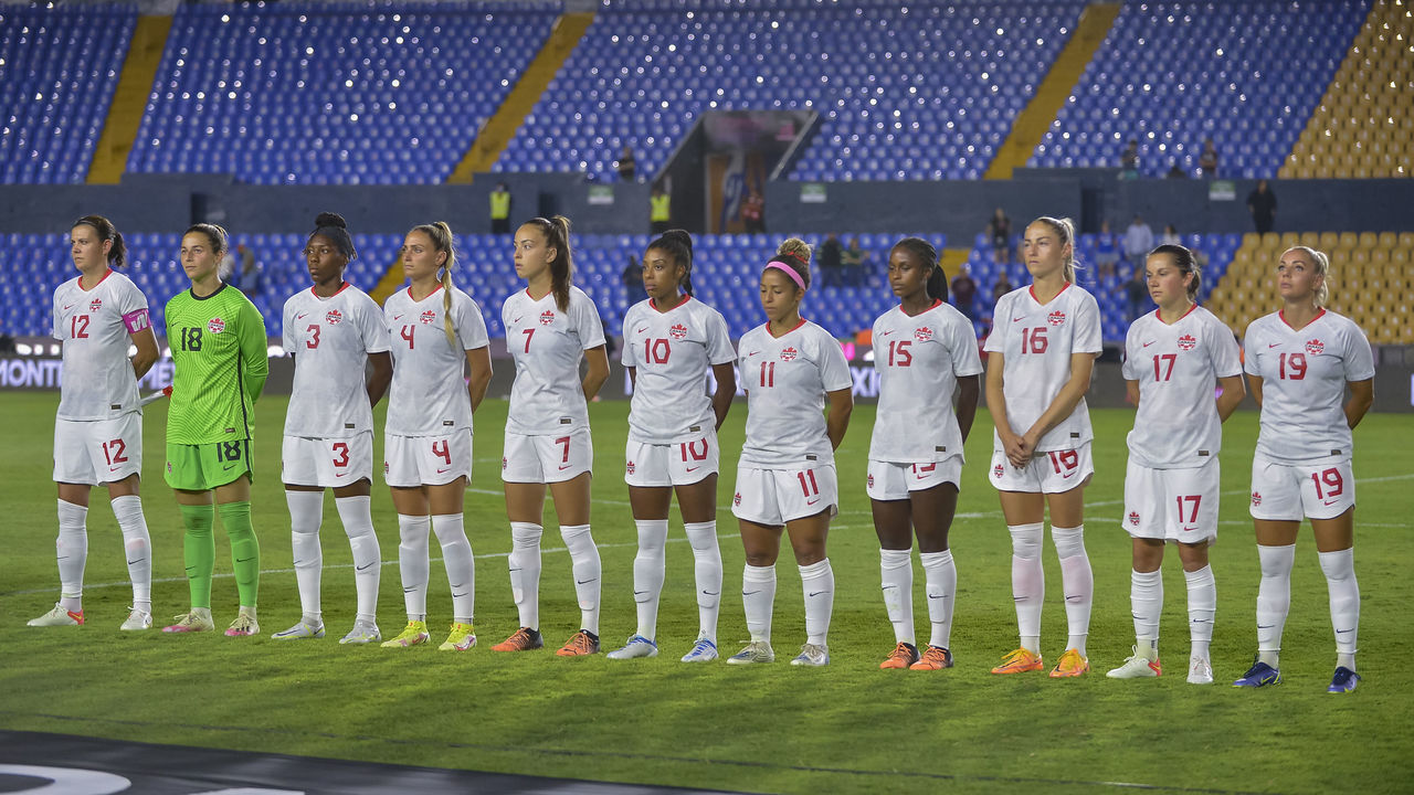 MONTERREY, MEXICO - JULY 08: Players of Canada pose prior the match between Panama and Canada as part of the 2022 Concacaf W Championship at Universitario Stadium on July 08, 2022 in Monterrey, Mexico.