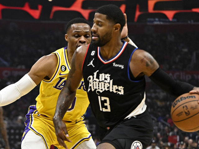 Los Angeles, CA - November 09: Paul George #13 of the LA Clippers drives to the basket against Russell Westbrook #0 of the Los Angeles Lakers in the first half of a NBA basketball game at the Crypto.com Arena in Los Angeles on Wednesday, November 9, 2022.