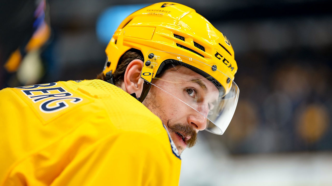 NASHVILLE, TENNESSEE - JANUARY 21: Filip Forsberg #9 of the Nashville Predators skates in warm-ups prior to the game against the Los Angeles Kings during an NHL game at Bridgestone Arena on January 21, 2023 in Nashville, Tennessee.