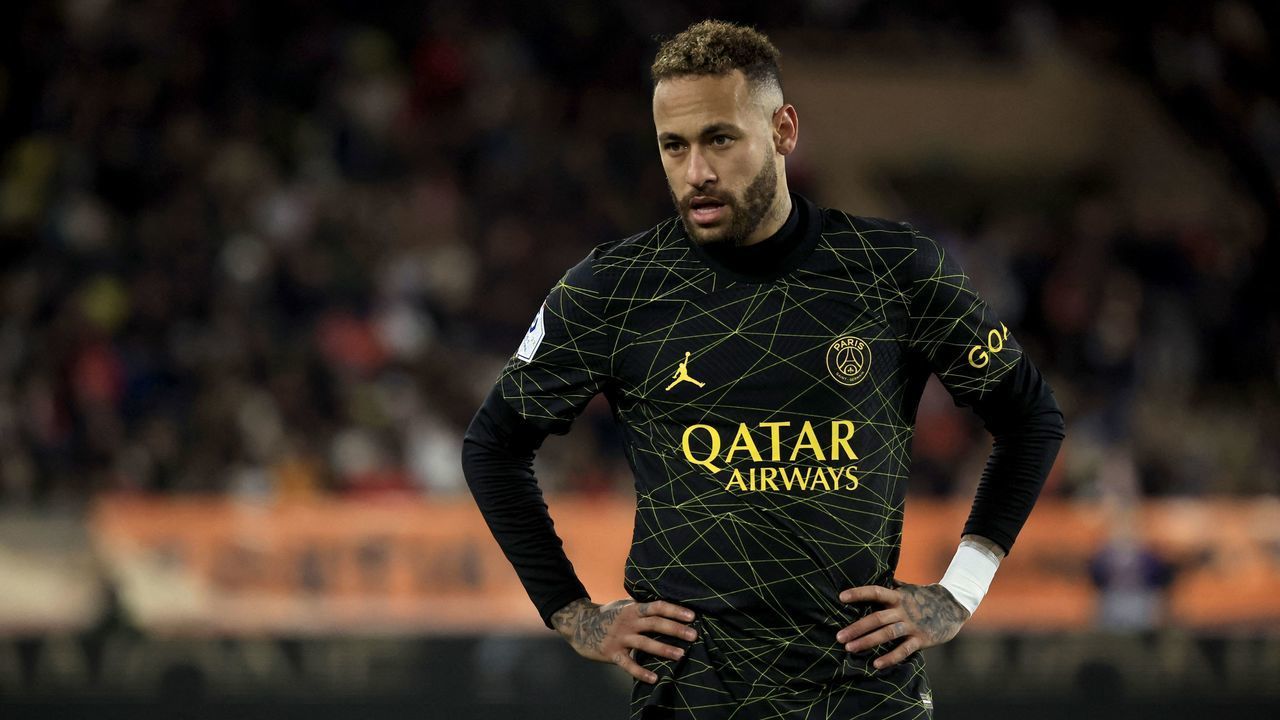 Paris Saint-Germain's Brazilian forward Neymar reacts during the French L1 football match between Monaco and Paris Saint-Germain (PSG) at the Louis II stadium in Monaco on February 11, 2023.