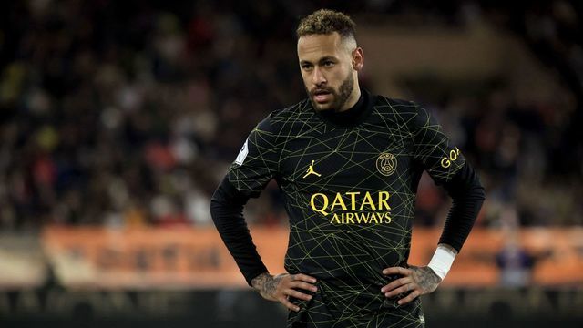 Paris Saint-Germain's Brazilian forward Neymar reacts during the French L1 football match between Monaco and Paris Saint-Germain (PSG) at the Louis II stadium in Monaco on February 11, 2023.
