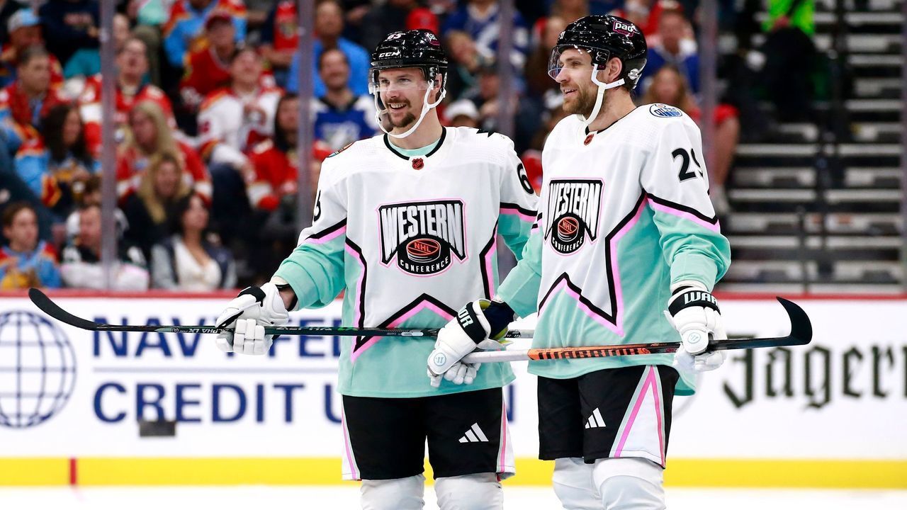 SUNRISE, FLORIDA - FEBRUARY 04: Erik Karlsson #65 of the San Jose Sharks and Leon Draisaitl #29 of the Edmonton Oilers stand on the ice during the game between the Central Division and the Pacific Division during the 2023 Honda NHL All-Star game at FLA Live Arena on February 04, 2023 in Sunrise, Florida.