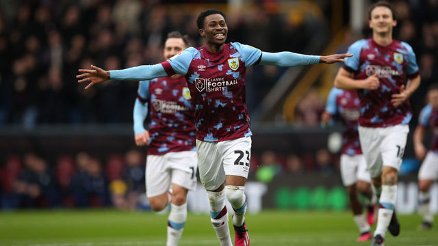 Nathan Tella of Burnley scores his team's first goal before the Sky Bet Championship match between Burnley and Preston North End at Turf Moor, Burnley on Saturday 11th February 2023.