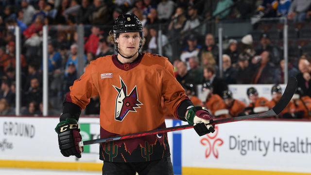 TEMPE, ARIZONA - JANUARY 26: Jakob Chychrun #6 of the Arizona Coyotes gets ready during a face off against the St Louis Blues at Mullett Arena on January 26, 2023 in Tempe, Arizona.