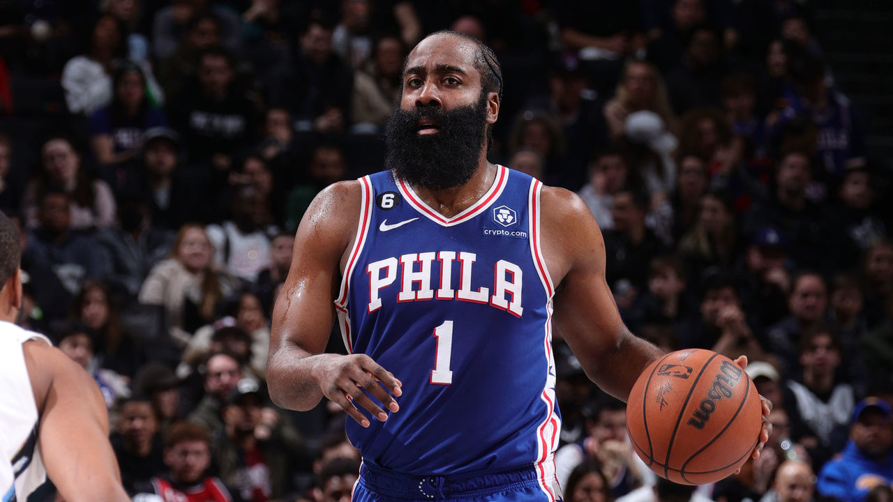 BROOKLYN, NY - FEBRUARY 11: James Harden #1 of the Philadelphia 76ers dribbles the ball during the game against the Brooklyn Nets on February 11, 2023 at Barclays Center in Brooklyn, New York. Mandatory Copyright Notice: Copyright 2023 NBAE
