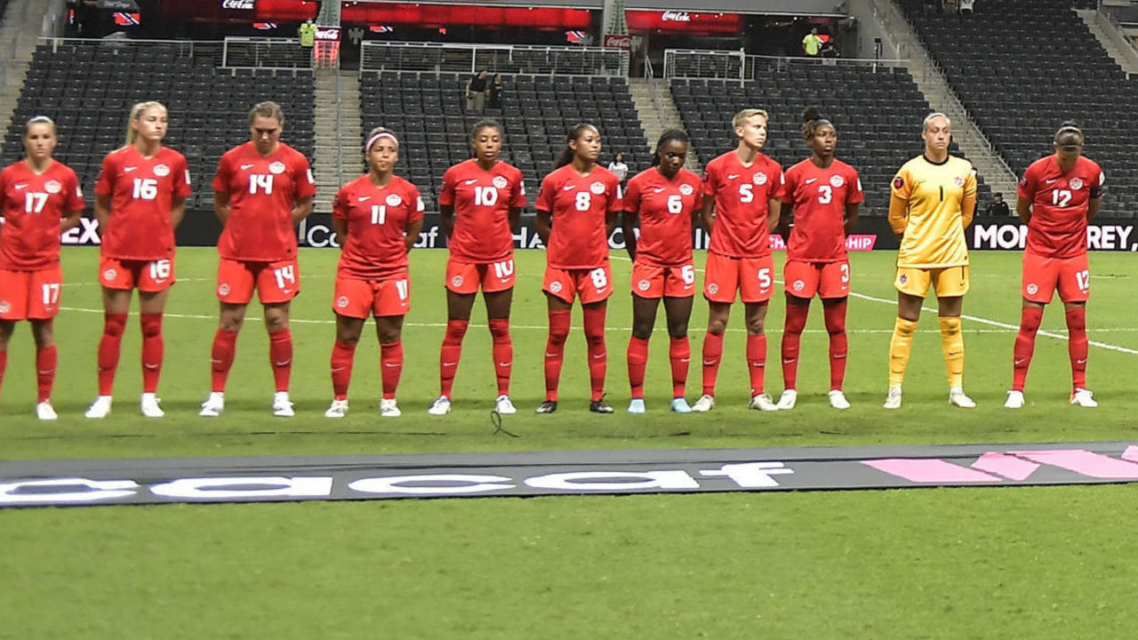 MONTERREY, MEXICO - JULY 05: Players of Canada and Trinidad & Tobago pose during Trinidad & Tobago's national anthem prior the match between Canada and Trinidad & Tobago as part of the 2022 Concacaf W Championship at BBVA Stadium on July 05, 2022 in Monterrey, Mexico.