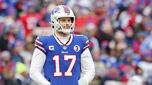 ORCHARD PARK, NEW YORK - JANUARY 08: Josh Allen #17 of the Buffalo Bills looks on during the first quarter against the New England Patriots at Highmark Stadium on January 08, 2023 in Orchard Park, New York.