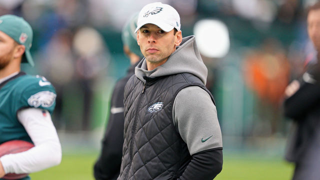 PHILADELPHIA, PA - JANUARY 29: Philadelphia Eagles defensive coordinator Jonathan Gannon looks on during the Championship game between the San Fransisco 49ers and the Philadelphia Eagles on January 29, 2023.
