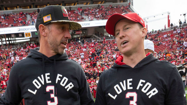 SANTA CLARA, CA - JANUARY 8: Head Coach Kyle Shanahan and Offensive Passing Game Specialist Bobby Slowik of the San Francisco 49ers on the field before the game against the Arizona Cardinals at Levi's Stadium on January 8, 2023 in Santa Clara, California. The 49ers defeated the Cardinals 38-13.
