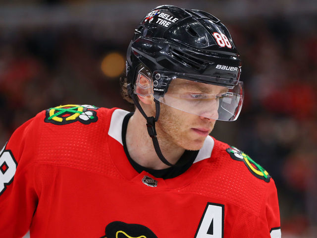 CHICAGO, IL - JANUARY 22: Chicago Blackhawks Right Wing Patrick Kane (88) looks on during a game between the Los Angeles Kings and the Chicago Blackhawks on January 22, 2023 at the United Center in Chicago, IL.