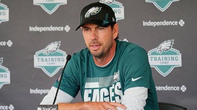 PHILADELPHIA, PA - AUGUST 02: Philadelphia Eagles offensive coordinator Shane Steichen is interviewed during training camp on August 02, 2022, at the NovaCare Complex in Philadelphia PA.