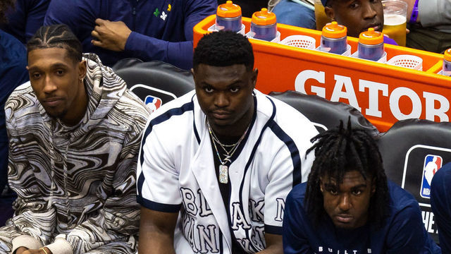 NEW ORLEANS, LA - FEBRUARY 10: New Orleans Pelicans forward Zion Williamson (1) looks on against the Cleveland Cavaliers during a NBA game between the New Orleans Pelicans and the Cleveland Cavaliers on February 10, 2023, at Smoothie King Center in New Orleans, LA.
