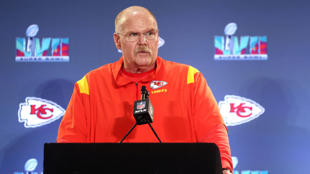 SCOTTSDALE, ARIZONA - FEBRUARY 09: Head coach Andy Reid of the Kansas City Chiefs speaks to the media during the Kansas City Chiefs media availability prior to Super Bowl LVII at the Hyatt Regency Gainey Ranch on February 09, 2023 in Scottsdale, Arizona.