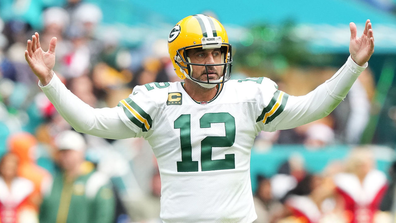 MIAMI GARDENS, FLORIDA - DECEMBER 25: Aaron Rodgers #12 of the Green Bay Packers reacts during the second quarter of the game against the Miami Dolphins at Hard Rock Stadium on December 25, 2022 in Miami Gardens, Florida.