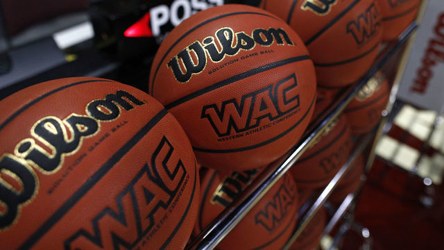 LAS VEGAS, NEVADA - MARCH 15: The Western Athletic Conference tournament logo is shown on basketballs before the semifinal game of the Western Athletic Conference basketball tournament between the Texas-Rio Grande Valley Vaqueros and the New Mexico State Aggies at the Orleans Arena on March 15, 2019 in Las Vegas, Nevada.
