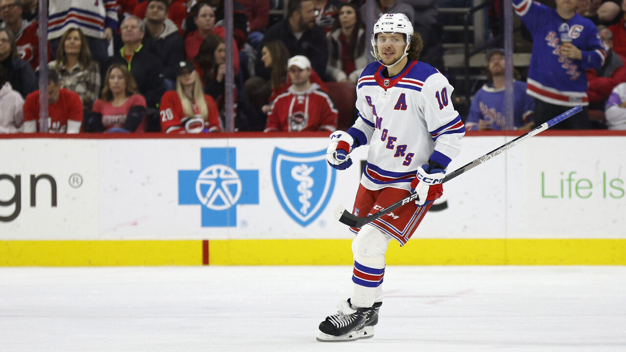 RALEIGH, NORTH CAROLINA - FEBRUARY 11: Artemi Panarin #10 of the New York Rangers skates during the third period of the game against the Carolina Hurricanes at PNC Arena on February 11, 2023 in Raleigh, North Carolina.