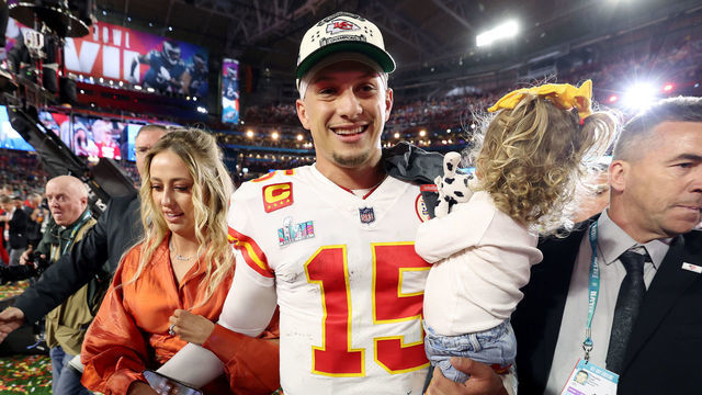 GLENDALE, ARIZONA - FEBRUARY 12: Patrick Mahomes #15 of the Kansas City Chiefs celebrates with his wife Brittany Mahomes and daughter Sterling Skye Mahomes after the Kansas City Chiefs beat the Philadelphia Eagles in Super Bowl LVII at State Farm Stadium on February 12, 2023 in Glendale, Arizona.