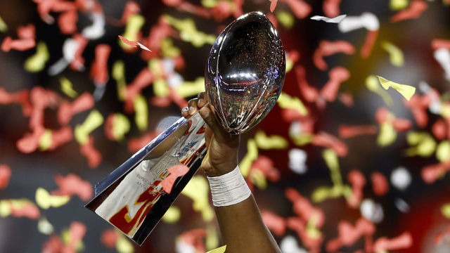 GLENDALE, AZ - FEBRUARY 12: A close up view of the Vince Lombardi Trophy after Super Bowl LVII against the Philadelphia Eagles at State Farm Stadium on February 12, 2023 in Glendale, Arizona. The Chiefs defeated the Eagles 38-35.