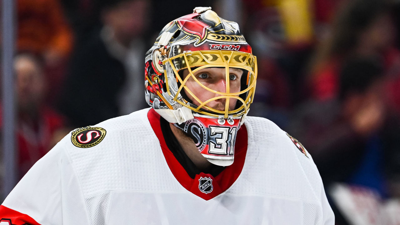 MONTREAL, QC - JANUARY 31: Look on Ottawa Senators goalie Anton Forsberg (31) during the Ottawa Senators versus the Montreal Canadiens game on January 31, 2023, at Bell Centre in Montreal, QC