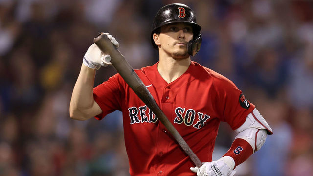 BOSTON, MASSACHUSETTS - AUGUST 24: Enrique Hernandez #5 of the Boston Red Sox reacts after striking out during the eighth inning against the Toronto Blue Jays at Fenway Park on August 24, 2022 in Boston, Massachusetts.
