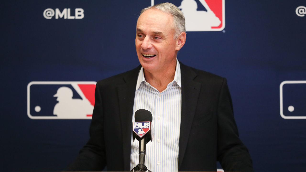 NEW YORK, NY - NOVEMBER 17: Major League Baseball Commissioner Rob Manfred speaks to the media after Owners Meetings at MLB Headquarters on Thursday, November 17, 2022 in New York, New York.