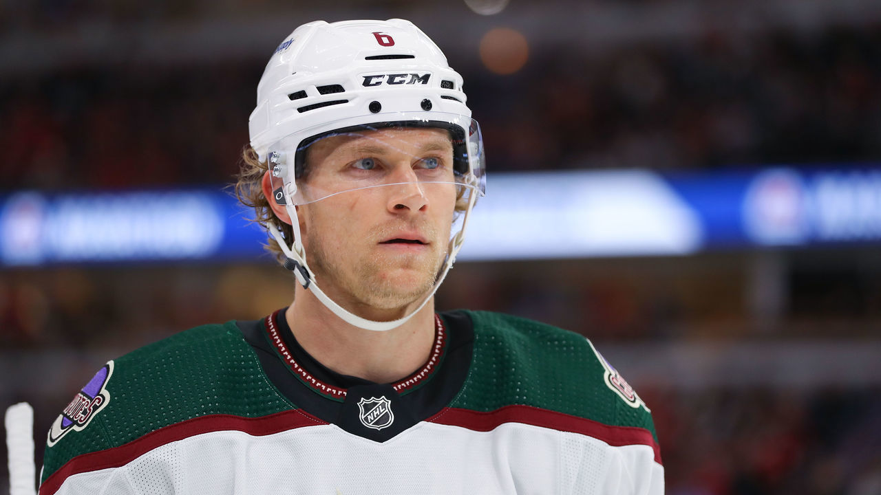 CHICAGO, IL - JANUARY 06: Arizona Coyotes Defenceman Jakob Chychrun (6) looks onduring a game between the Arizona Coyotes and the Chicago Blackhawks on January 6, 2023 at the United Center in Chicago, IL.