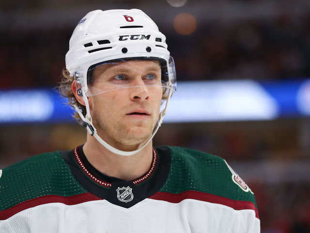 CHICAGO, IL - JANUARY 06: Arizona Coyotes Defenceman Jakob Chychrun (6) looks onduring a game between the Arizona Coyotes and the Chicago Blackhawks on January 6, 2023 at the United Center in Chicago, IL.
