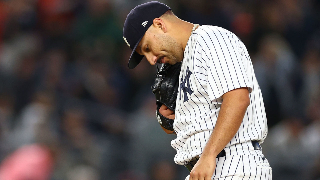 NEW YORK, NEW YORK - OCTOBER 23: Nestor Cortes #65 of the New York Yankees reacts in the third inning against the Houston Astros in game four of the American League Championship Series at Yankee Stadium on October 23, 2022 in the Bronx borough of New York City.