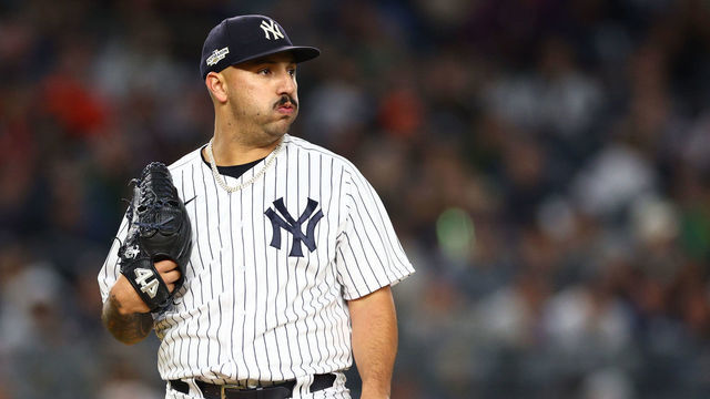 NEW YORK, NEW YORK - OCTOBER 23: Nestor Cortes #65 of the New York Yankees reacts in the third inning against the Houston Astros in game four of the American League Championship Series at Yankee Stadium on October 23, 2022 in the Bronx borough of New York City.
