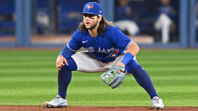 TORONTO, ON - SEPTEMBER 30: Toronto Blue Jays Short Stop Bo Bichette (11) in action during the regular season MLB game between the Boston Red Sox and Toronto Blue Jays on September 30, 2022 at Rogers Centre in Toronto, ON.