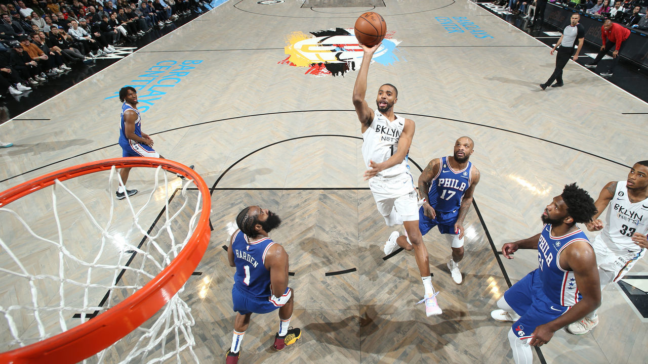 BROOKLYN, NY - FEBRUARY 11: Mikal Bridges #1 of the Brooklyn Nets shoots the ball during the game against the Philadelphia 76ers on February 11, 2023 at Barclays Center in Brooklyn, New York. Mandatory Copyright Notice: Copyright 2023 NBAE
