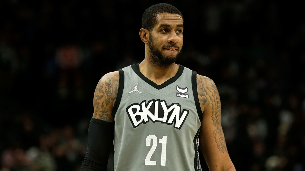 MILWAUKEE, WISCONSIN - FEBRUARY 26: LaMarcus Aldridge #21 of the Brooklyn Nets looks on during the second half of a game against the Milwaukee Bucks at Fiserv Forum on February 26, 2022 in Milwaukee, Wisconsin.