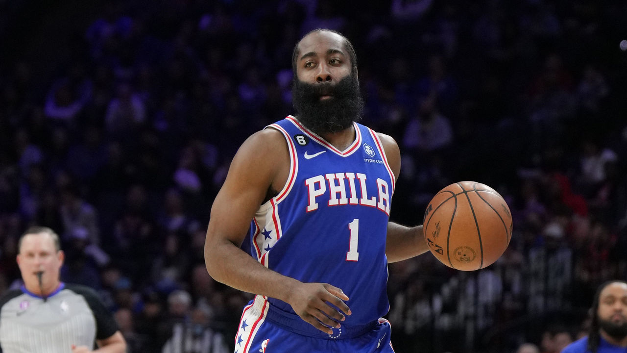 PHILADELPHIA, PA - FEBRUARY 13: James Harden #1 of the Philadelphia 76ers dribbles the ball during the game against the Houston Rockets on February 13, 2023 at the Wells Fargo Center in Philadelphia, Pennsylvania NOTE TO USER: User expressly acknowledges and agrees that, by downloading and/or using this Photograph, user is consenting to the terms and conditions of the Getty Images License Agreement. Mandatory Copyright Notice: Copyright 2023 NBAE