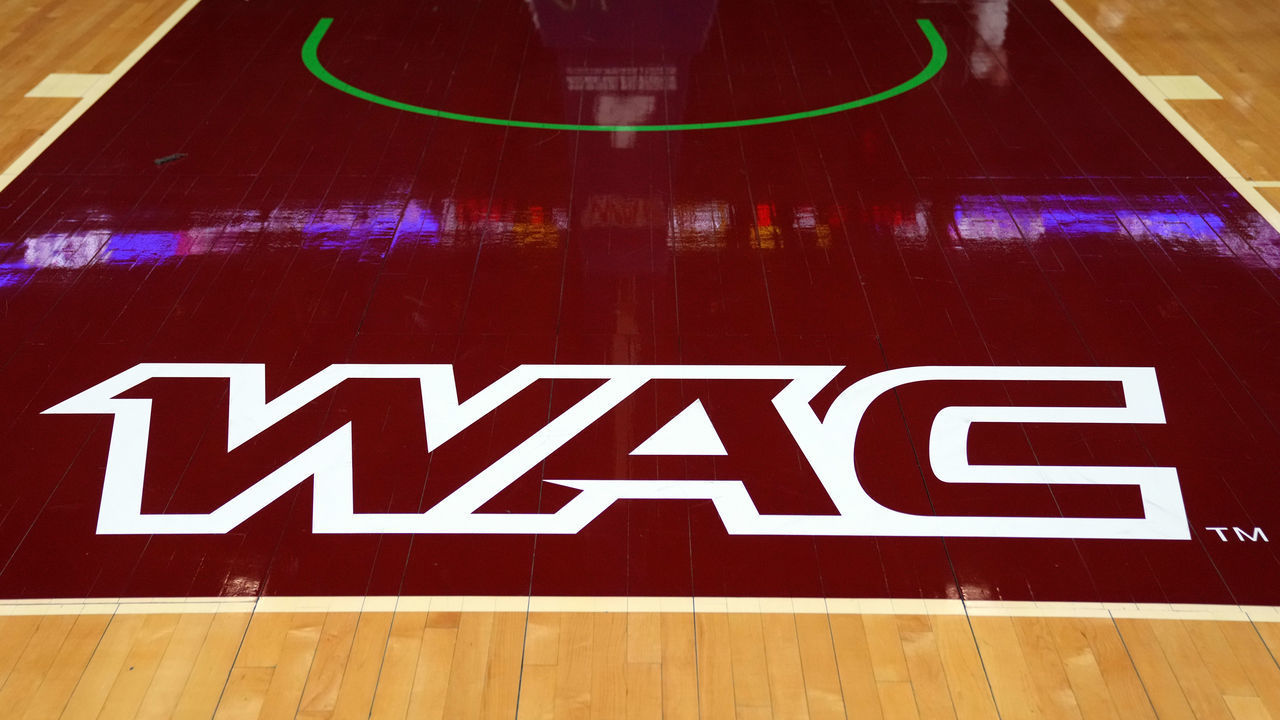 LAS VEGAS, NEVADA - MARCH 11: A Western Athletic Conference logo is shown on the court prior to a semifinal game between the New Mexico State Aggies and Grand Canyon Lopes during the Western Athletic Conference basketball tournament at the Orleans Arena on March 11, 2022 in Las Vegas, Nevada.