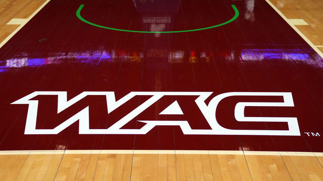 LAS VEGAS, NEVADA - MARCH 11: A Western Athletic Conference logo is shown on the court prior to a semifinal game between the New Mexico State Aggies and Grand Canyon Lopes during the Western Athletic Conference basketball tournament at the Orleans Arena on March 11, 2022 in Las Vegas, Nevada.