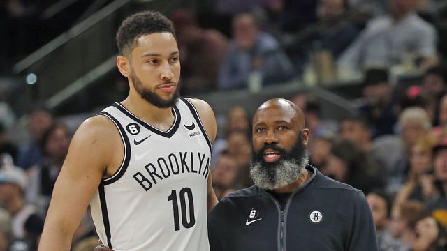 SAN ANTONIO, TX - JANUARY 17: Jacque Vaughn head coach of the Brooklyn Nets talks with Ben Simmons #10 in the first half at AT&T Center on January 17, 2023 in San Antonio, Texas. NOTE TO USER: User expressly acknowledges and agrees that, by downloading and or using this photograph, User is consenting to terms and conditions of the Getty Images License Agreement.