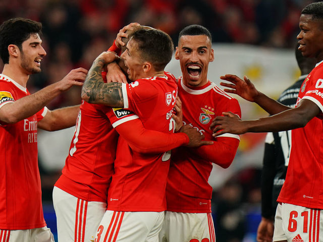 LISBON, PORTUGAL - FEBRUARY 4: Joao Mario of SL Benfica celebrates with teammates after scoring a goal during the Liga Portugal Bwin match between SL Benfica and Casa Pia AC at Estadio da Luz on February 4, 2023 in Lisbon, Portugal.