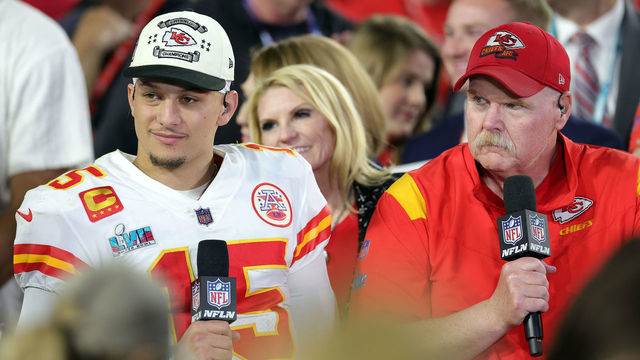 GLENDALE, ARIZONA - FEBRUARY 12: Patrick Mahomes #15 of the Kansas City Chiefs and Andy Reid of the Kansas City Chiefs are interviewed after beating the Philadelphia Eagles in Super Bowl LVII at State Farm Stadium on February 12, 2023 in Glendale, Arizona.