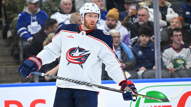 TORONTO, ON - FEBRUARY 11: Columbus Blue Jackets defenseman Vladislav Gavrikov (4) looks on before the face off in the second period during the NHL regular season game between the Columbus Blue Jackets and the Toronto Maple Leafs on February 11, 2023 at Scotiabank Arena in Toronto, ON.