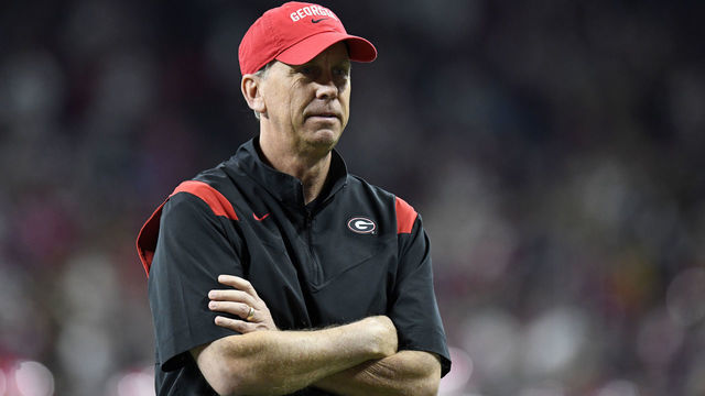 INDIANAPOLIS, IN - JANUARY 10: Georgia Bulldogs offensive coordinator Todd Monken looks on before the Alabama Crimson Tide versus the Georgia Bulldogs in the College Football Playoff National Championship, on January 10, 2022, at Lucas Oil Stadium in Indianapolis, IN.