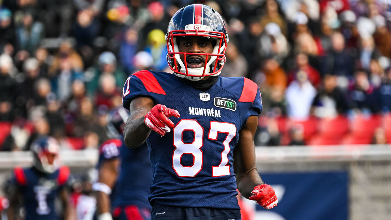 MONTREAL, QC - OCTOBER 10: Look on Montreal Alouettes wide receiver Eugene Lewis (87) during the Ottawa RedBlacks versus the Montreal Alouettes game on October 10, 2022, at Percival Molson Memorial Stadium in Montreal, QC