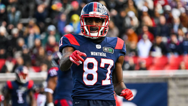 MONTREAL, QC - OCTOBER 10: Look on Montreal Alouettes wide receiver Eugene Lewis (87) during the Ottawa RedBlacks versus the Montreal Alouettes game on October 10, 2022, at Percival Molson Memorial Stadium in Montreal, QC