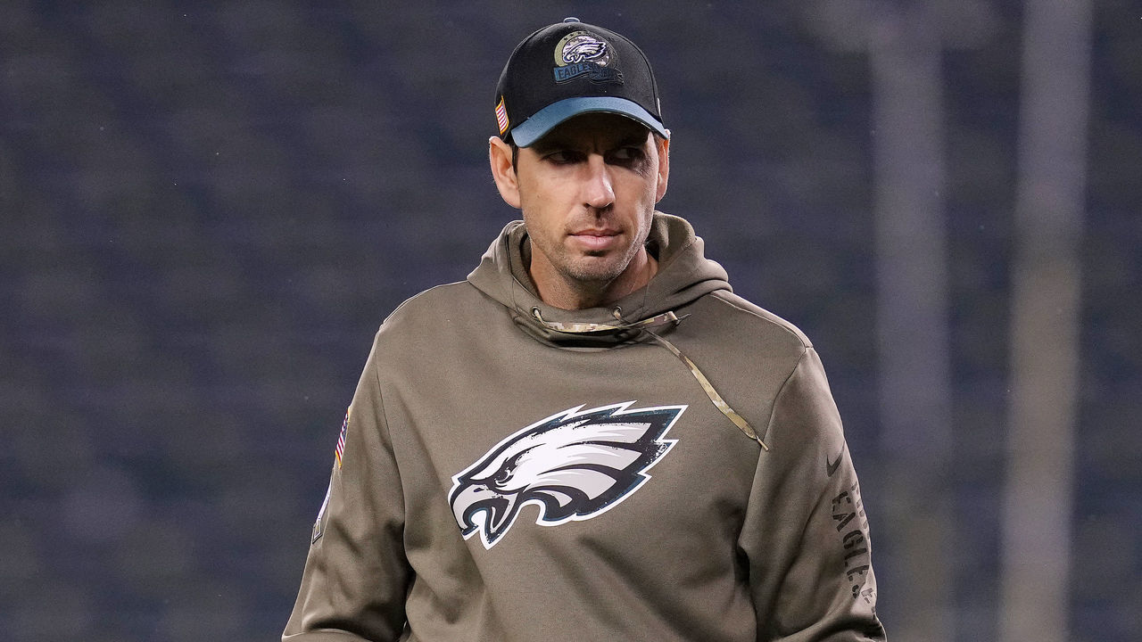 PHILADELPHIA, PENNSYLVANIA - NOVEMBER 27: Philadelphia Eagles offensive coordinator Shane Steichen looks on before the game against the Green Bay Packers at Lincoln Financial Field on November 27, 2022 in Philadelphia, Pennsylvania.
